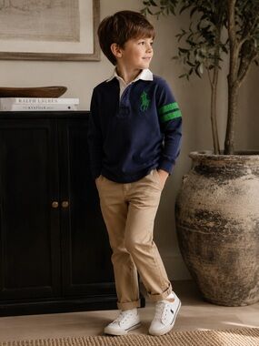 Polo Ralph Lauren Boys Rugby Shirt Big Pony 67 Navy Green Size 6 Quiet Luxury